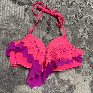 Victoria’s Secret PINK Neon Pink Purple Laser Cut Flouce Plunge Bikini Top